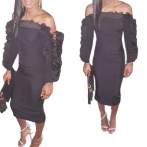 Missguided Black Off The Shoulder Ruffle Cocktail Bodycon Midi Dress Sz 2